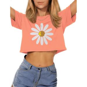 image:imageWomens Summer Crop Tops Short Sleeve Round Neck TShirts Loose Fit Casual Blouse 2026H Orange Red Flower