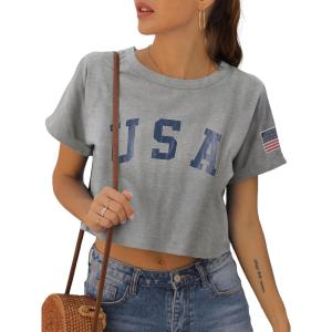 image:imageWomens Summer Crop Tops Short Sleeve Round Neck TShirts Loose Fit Casual Blouse 2026I Flag Print