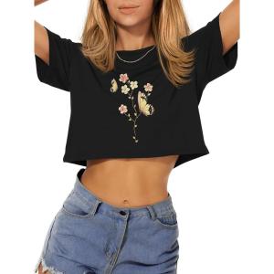 image:imageWomens Summer Crop Tops Short Sleeve Round Neck TShirts Loose Fit Casual Blouse 2026Pink Butterfly Flower
