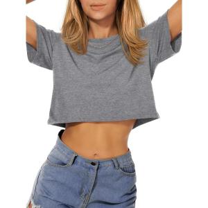 image:imageWomens Summer Crop Tops Short Sleeve Round Neck TShirts Loose Fit Casual Blouse 2026Solid Gray