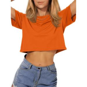 image:imageWomens Summer Crop Tops Short Sleeve Round Neck TShirts Loose Fit Casual Blouse 2026Solid Orange
