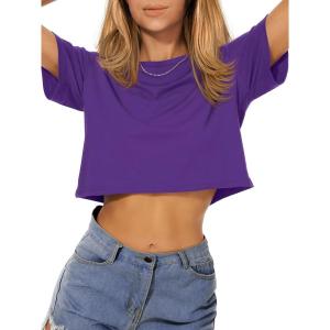 image:imageWomens Summer Crop Tops Short Sleeve Round Neck TShirts Loose Fit Casual Blouse 2026Solid Purple