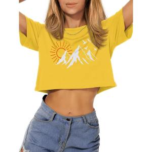 image:imageWomens Summer Crop Tops Short Sleeve Round Neck TShirts Loose Fit Casual Blouse 2026Yellow Sun Mountains