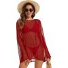 image:imageCHICGAL Womens Swimsuit Coverup Crochet Sheer Caftan Beach Dress Slit Long Sleeve Bathing Suit Cover Up 2026Red
