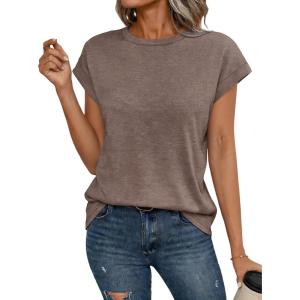 image:imageCHICGAL Cap Sleeve Tops for Women Casual Short Sleeve Shirts Summer Basic Tees Trendy Going Out OutfitsCoffee