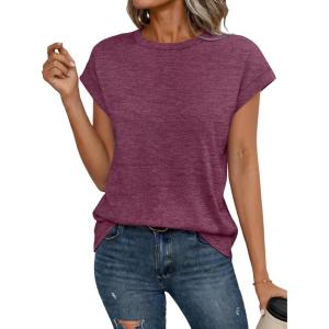 image:imageCHICGAL Cap Sleeve Tops for Women Casual Short Sleeve Shirts Summer Basic Tees Trendy Going Out OutfitsWine Red