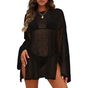 image:imageCHICGAL Womens Swimsuit Coverup Crochet Sheer Caftan Beach Dress Slit Long Sleeve Bathing Suit Cover Up 2026Black