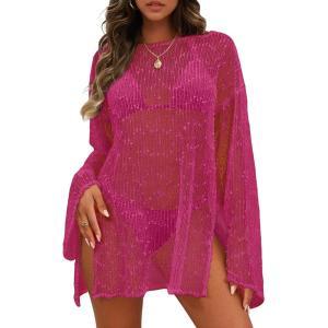 image:imageCHICGAL Womens Swimsuit Coverup Crochet Sheer Caftan Beach Dress Slit Long Sleeve Bathing Suit Cover Up 2026Hot Pink