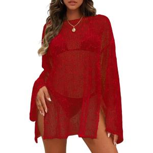 image:imageCHICGAL Womens Swimsuit Coverup Crochet Sheer Caftan Beach Dress Slit Long Sleeve Bathing Suit Cover Up 2026Red