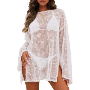 image:imageCHICGAL Womens Swimsuit Coverup Crochet Sheer Caftan Beach Dress Slit Long Sleeve Bathing Suit Cover Up 2026White