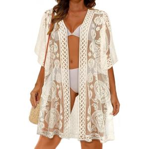 image:imageWomens Lace Bathing Suit Cover Up Open Front Swimsuit Coverup Summer Swimwear Loose Bikini Beach Kimono 2026Beige