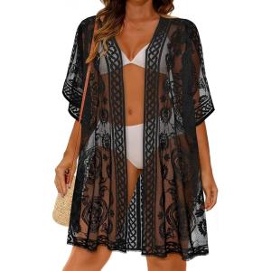 image:imageWomens Lace Bathing Suit Cover Up Open Front Swimsuit Coverup Summer Swimwear Loose Bikini Beach Kimono 2026Black