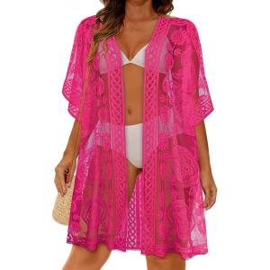 image:imageWomens Lace Bathing Suit Cover Up Open Front Swimsuit Coverup Summer Swimwear Loose Bikini Beach Kimono 2026Pink