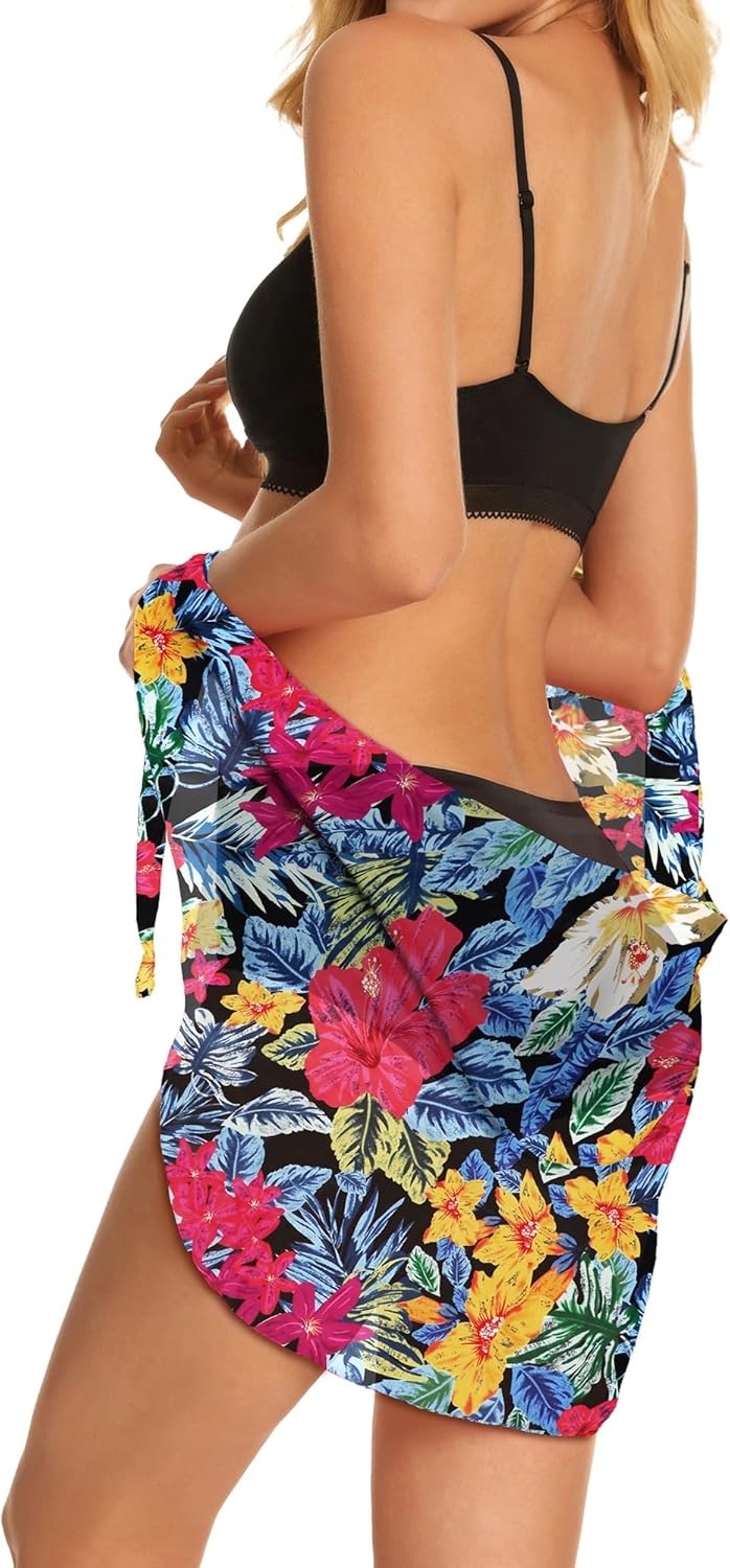 image:imageSwimsuit Coverups for Women Sarong Beach Bikini Wrap Sheer Short Skirt Chiffon Scarf for Swimwear 2026Colorful Floral Leaves