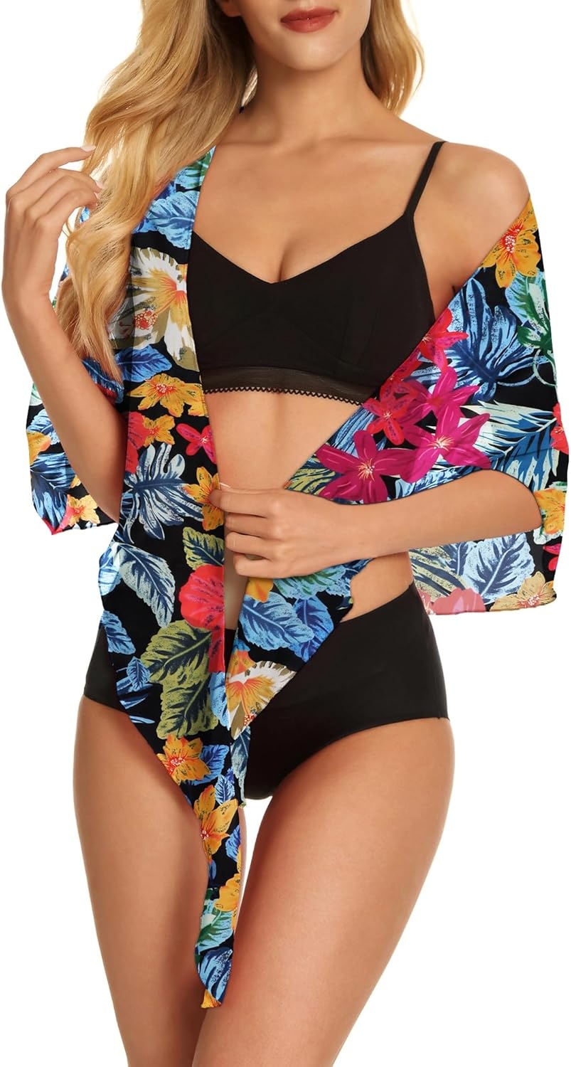 image:imageSwimsuit Coverups for Women Sarong Beach Bikini Wrap Sheer Short Skirt Chiffon Scarf for Swimwear 2026Colorful Floral Leaves