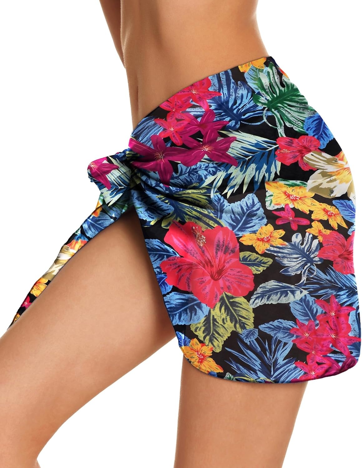 image:imageSwimsuit Coverups for Women Sarong Beach Bikini Wrap Sheer Short Skirt Chiffon Scarf for Swimwear 2026Colorful Floral Leaves