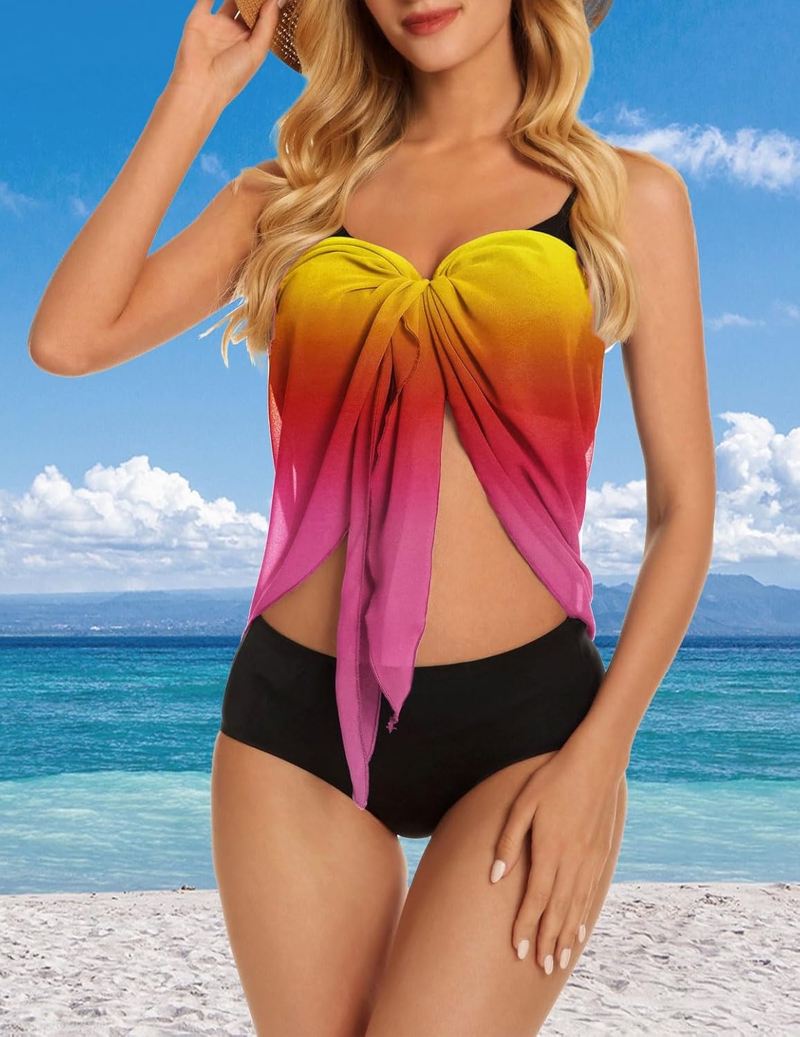 image:imageSwimsuit Coverups for Women Sarong Beach Bikini Wrap Sheer Short Skirt Chiffon Scarf for Swimwear 2026Gradient Multicolored