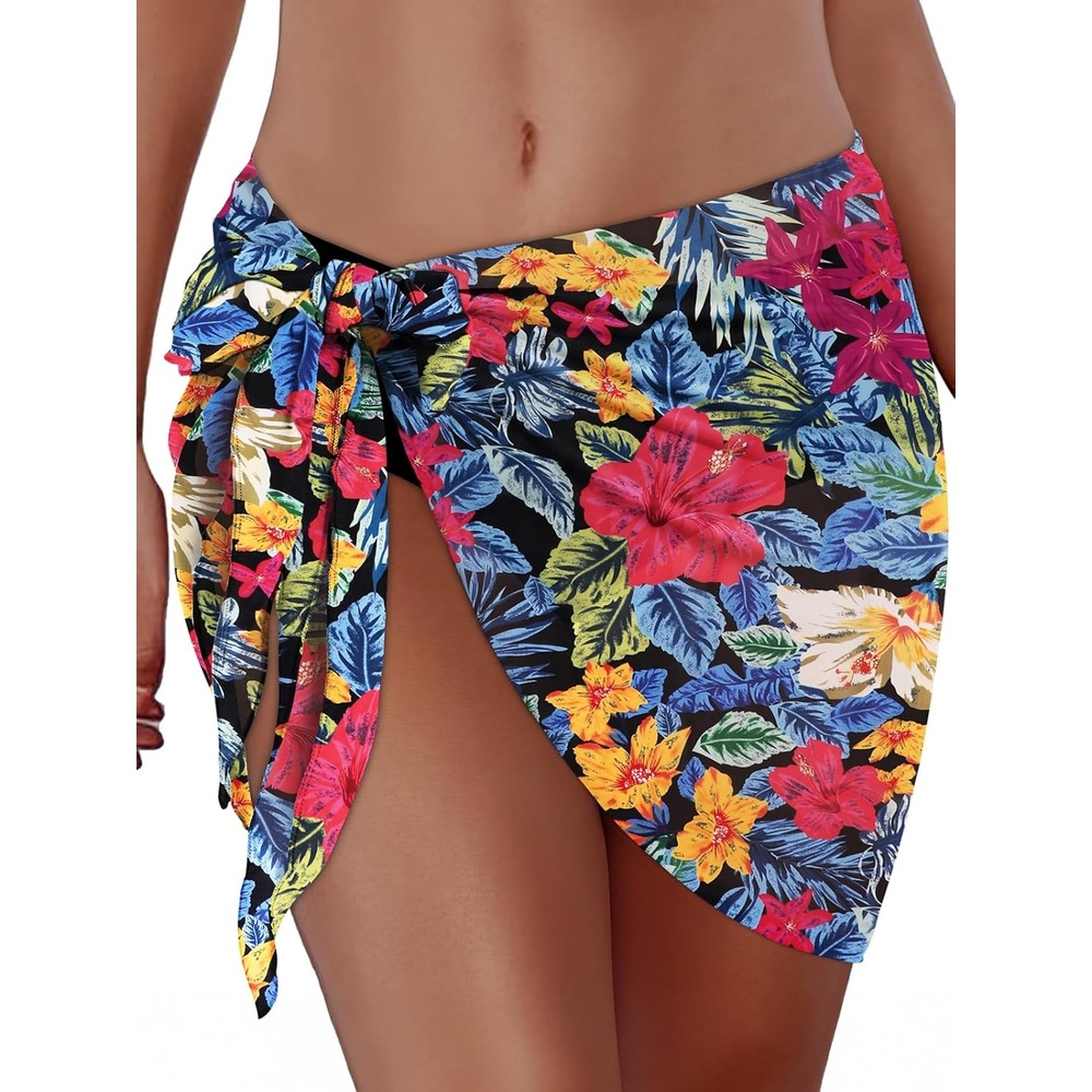 image:imageSwimsuit Coverups for Women Sarong Beach Bikini Wrap Sheer Short Skirt Chiffon Scarf for Swimwear 2026Colorful Floral Leaves