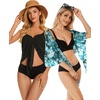 image:imageCHICGAL 2 Pieces Women Beach Sarong Bathing Suit Wrap Skirt Sheer Bikini Swimsuit Cover Ups for SwimwearBlack and Blue Gray Floral