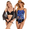 image:imageCHICGAL 2 Pieces Women Beach Sarong Bathing Suit Wrap Skirt Sheer Bikini Swimsuit Cover Ups for SwimwearBlack and Blue Leaves