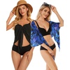 image:imageCHICGAL 2 Pieces Women Beach Sarong Bathing Suit Wrap Skirt Sheer Bikini Swimsuit Cover Ups for SwimwearBlack and Blue Leaves