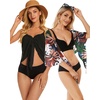image:imageCHICGAL 2 Pieces Women Beach Sarong Bathing Suit Wrap Skirt Sheer Bikini Swimsuit Cover Ups for SwimwearBlack and Orange White Leaves