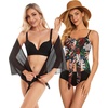 image:imageCHICGAL 2 Pieces Women Beach Sarong Bathing Suit Wrap Skirt Sheer Bikini Swimsuit Cover Ups for SwimwearBlack and Orange White Leaves