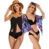 image:imageCHICGAL 2 Pieces Women Beach Sarong Bathing Suit Wrap Skirt Sheer Bikini Swimsuit Cover Ups for SwimwearBlack and Pink Blue Leaves