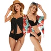 image:imageCHICGAL 2 Pieces Women Beach Sarong Bathing Suit Wrap Skirt Sheer Bikini Swimsuit Cover Ups for SwimwearBlack and Red Yellow Flowers