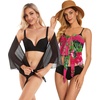 image:imageCHICGAL 2 Pieces Women Beach Sarong Bathing Suit Wrap Skirt Sheer Bikini Swimsuit Cover Ups for SwimwearBlack and Rose Red Leaves