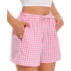 image:imageWomen Boxer Shorts Comfy Gingham Drawstring Pajama Bottom Plaid Casual Pants with PocketPink