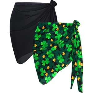 image:imageCHICGAL 2 Pieces Women Beach Sarong Bathing Suit Wrap Skirt Sheer Bikini Swimsuit Cover Ups for SwimwearBlack and Black Green Clover