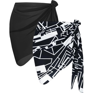 image:imageCHICGAL 2 Pieces Women Beach Sarong Bathing Suit Wrap Skirt Sheer Bikini Swimsuit Cover Ups for SwimwearBlack and Black White Checkered