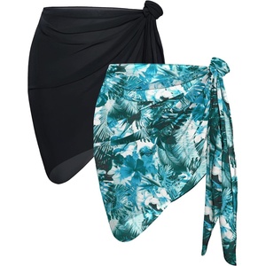 image:imageCHICGAL 2 Pieces Women Beach Sarong Bathing Suit Wrap Skirt Sheer Bikini Swimsuit Cover Ups for SwimwearBlack and Blue Gray Floral