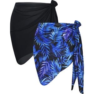 image:imageCHICGAL 2 Pieces Women Beach Sarong Bathing Suit Wrap Skirt Sheer Bikini Swimsuit Cover Ups for SwimwearBlack and Blue Leaves