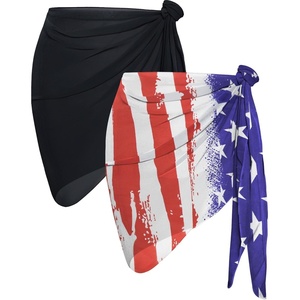 image:imageCHICGAL 2 Pieces Women Beach Sarong Bathing Suit Wrap Skirt Sheer Bikini Swimsuit Cover Ups for SwimwearBlack and Blue Red Flag Star