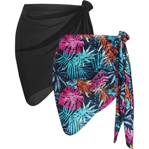 image:imageCHICGAL 2 Pieces Women Beach Sarong Bathing Suit Wrap Skirt Sheer Bikini Swimsuit Cover Ups for SwimwearBlack and Colorful Leaves