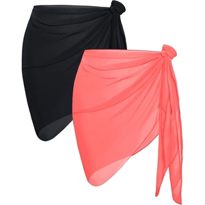 image:imageCHICGAL 2 Pieces Women Beach Sarong Bathing Suit Wrap Skirt Sheer Bikini Swimsuit Cover Ups for SwimwearBlack and Fluorescent Orange