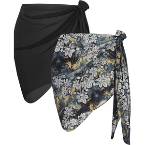 image:imageCHICGAL 2 Pieces Women Beach Sarong Bathing Suit Wrap Skirt Sheer Bikini Swimsuit Cover Ups for SwimwearBlack and Grey White Flowers