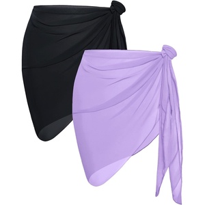 image:imageCHICGAL 2 Pieces Women Beach Sarong Bathing Suit Wrap Skirt Sheer Bikini Swimsuit Cover Ups for SwimwearBlack and Light Purple