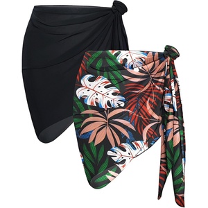 image:imageCHICGAL 2 Pieces Women Beach Sarong Bathing Suit Wrap Skirt Sheer Bikini Swimsuit Cover Ups for SwimwearBlack and Orange White Leaves