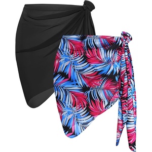 image:imageCHICGAL 2 Pieces Women Beach Sarong Bathing Suit Wrap Skirt Sheer Bikini Swimsuit Cover Ups for SwimwearBlack and Pink Blue Leaves