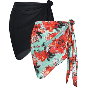 image:imageCHICGAL 2 Pieces Women Beach Sarong Bathing Suit Wrap Skirt Sheer Bikini Swimsuit Cover Ups for SwimwearBlack and Red Yellow Flowers