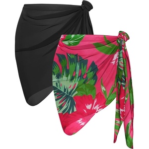 image:imageCHICGAL 2 Pieces Women Beach Sarong Bathing Suit Wrap Skirt Sheer Bikini Swimsuit Cover Ups for SwimwearBlack and Rose Red Leaves
