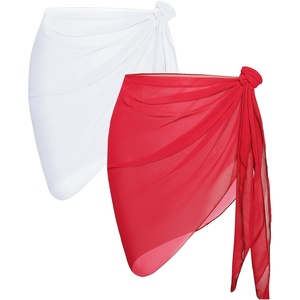 image:imageCHICGAL 2 Pieces Women Beach Sarong Bathing Suit Wrap Skirt Sheer Bikini Swimsuit Cover Ups for SwimwearWhite  Light Red