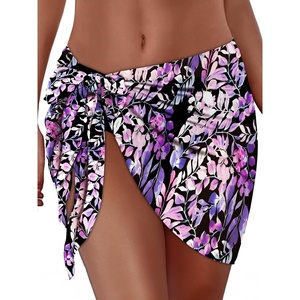 image:imageSwimsuit Coverups for Women Sarong Beach Bikini Wrap Sheer Short Skirt Chiffon Scarf for Swimwear 2026Black Purple Leaf