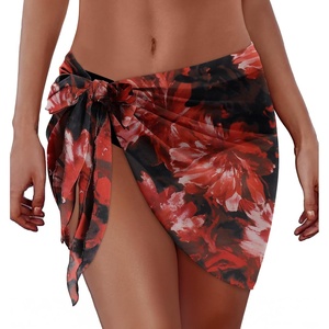 image:imageSwimsuit Coverups for Women Sarong Beach Bikini Wrap Sheer Short Skirt Chiffon Scarf for Swimwear 2026Deep Red Flowers