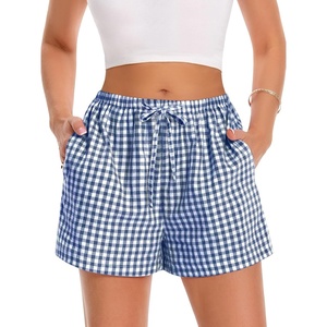 image:imageWomen Boxer Shorts Comfy Gingham Drawstring Pajama Bottom Plaid Casual Pants with PocketBlue