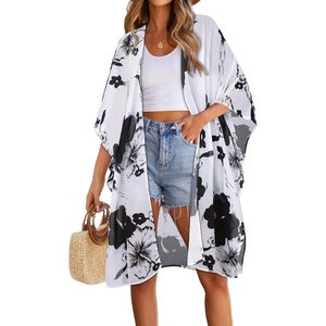 image:imageWomens Kimono Swimsuit Coverups Summer Beach Casual Loose Cardigans for Swimwear 2026Black White Floral