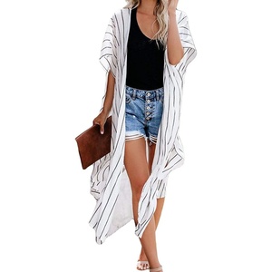image:imageWomens Kimono Swimsuit Coverups Summer Beach Casual Loose Cardigans for Swimwear 2026Black and White Stripe